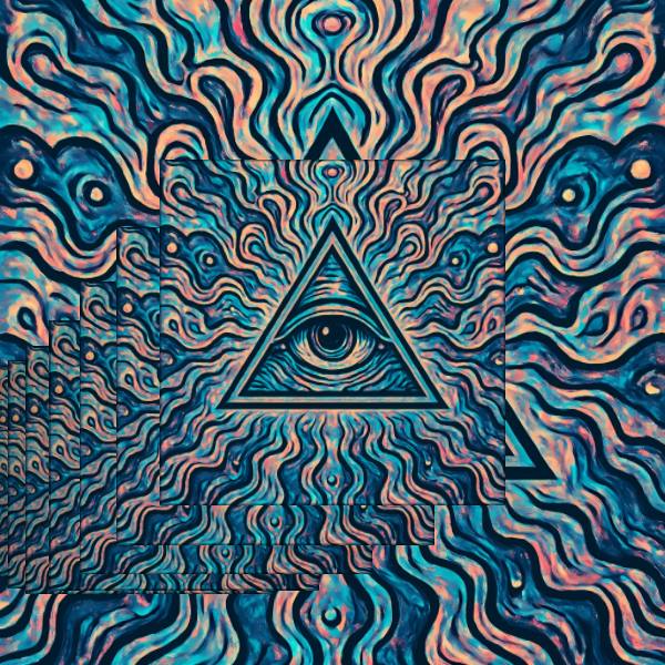 Framed copies of a swirling eye-and-triangle print stacked into slabs that recede toward the lower left
