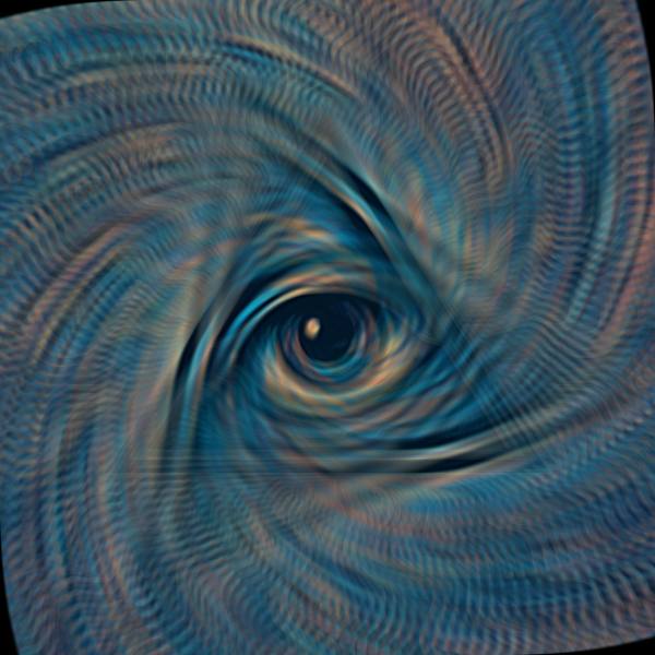 The eye-in-triangle twisting into a teal and peach vortex, its lines doubled into rippled feedback echoes