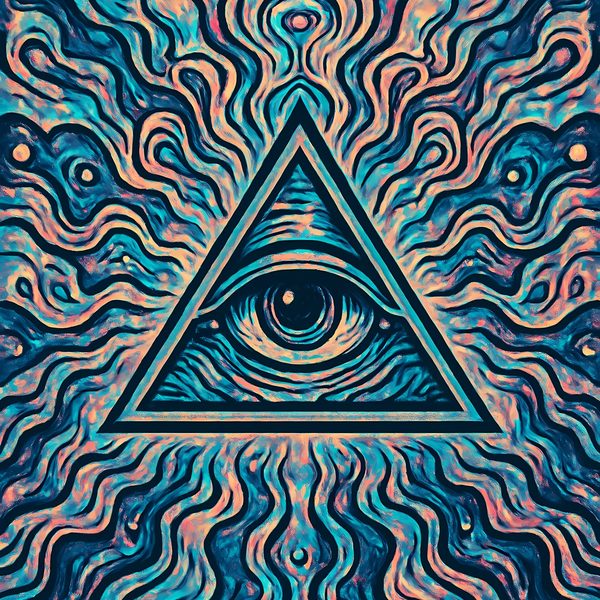 The untouched demo art: an eye inside a triangle over wavy teal, blue and peach lines