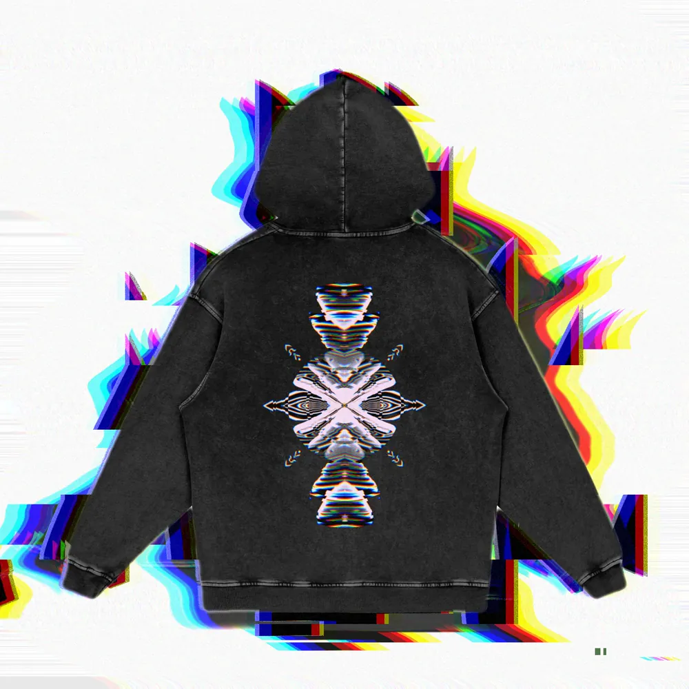 Back of the FRCTL Hoodie V1 in washed black, with a mirrored glitch print