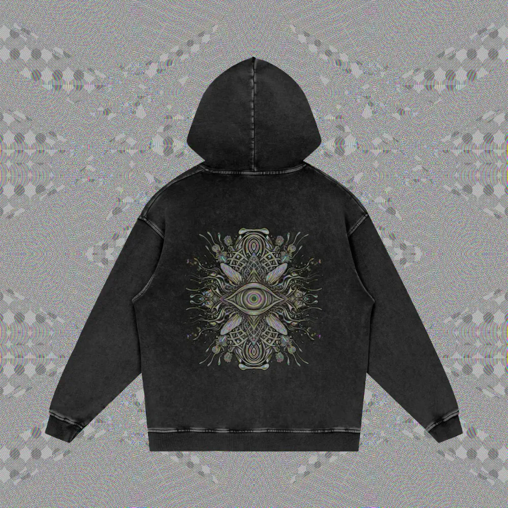 Back of the FRCTL Hoodie V2 in washed black, with an eye mandala print